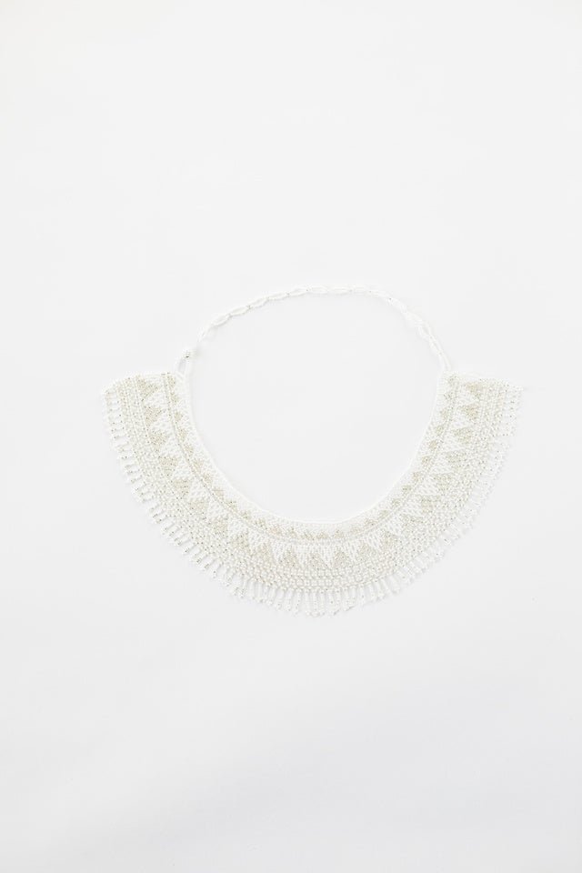 white beaded hat necklace