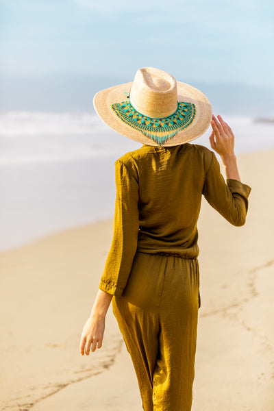 Straw Western Sunhat style palm leaf hat and hat necklace