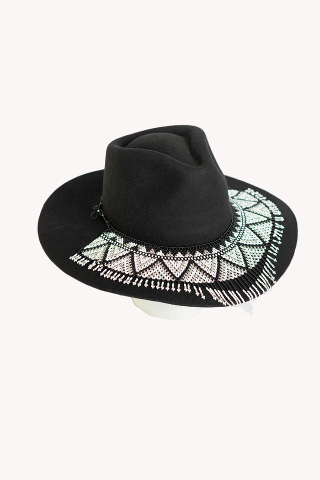 black cascading beaded hat necklace