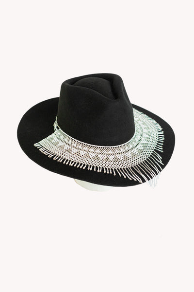 Cascading white beaded hat necklace