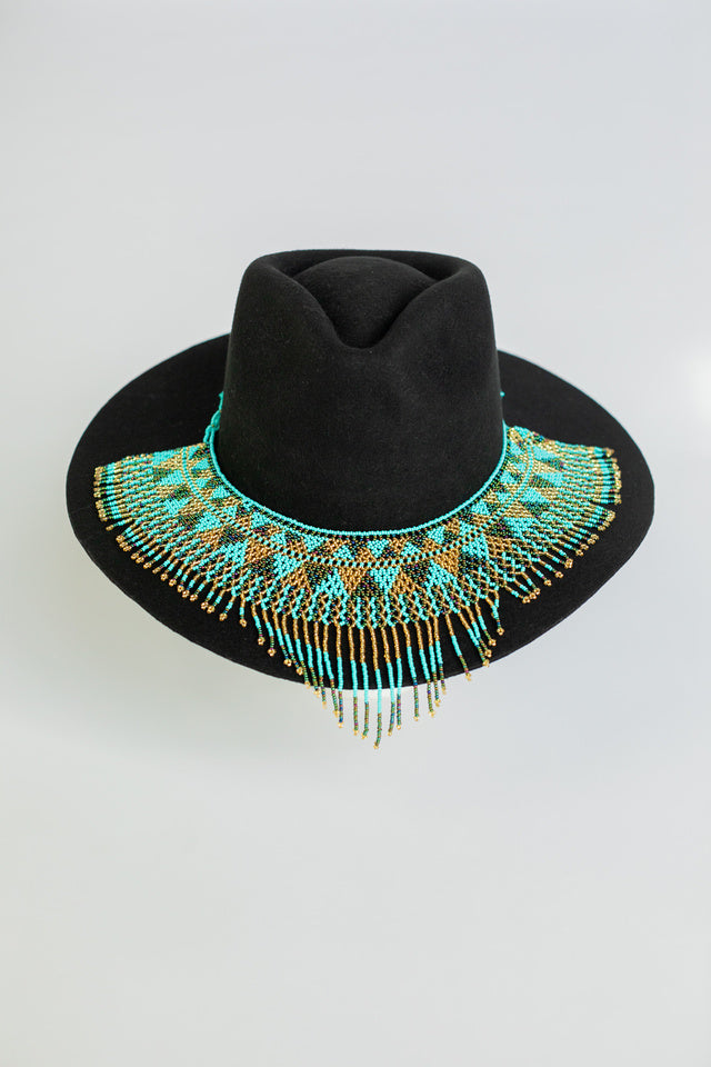 Cascading blue beaded hat necklace