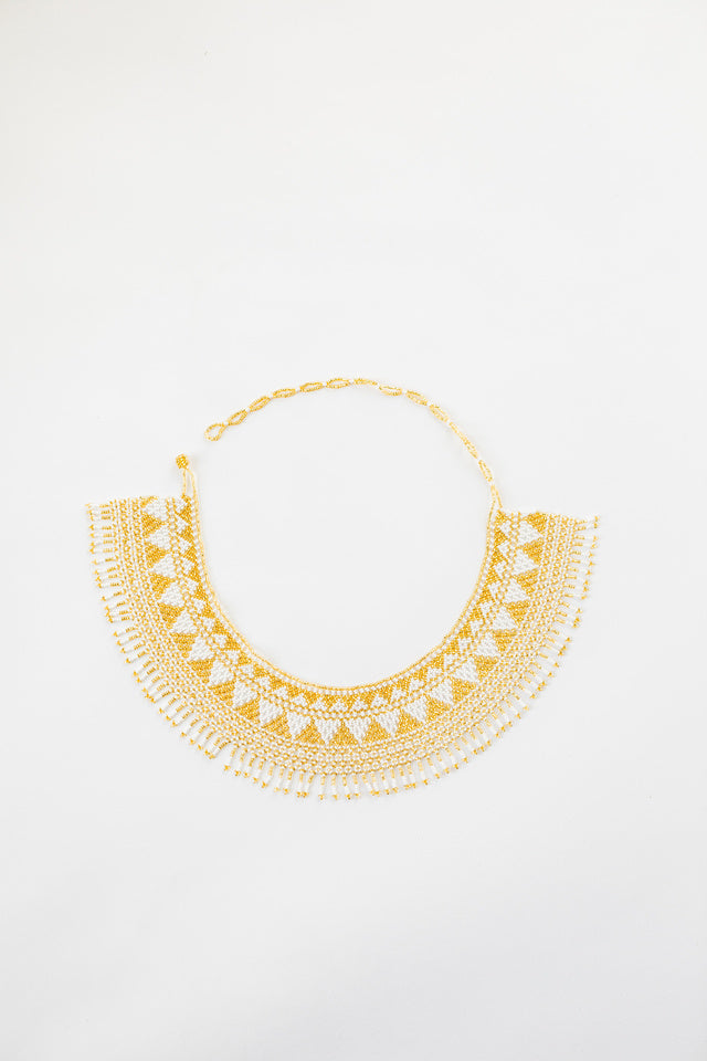 gold and white beaded hat necklace