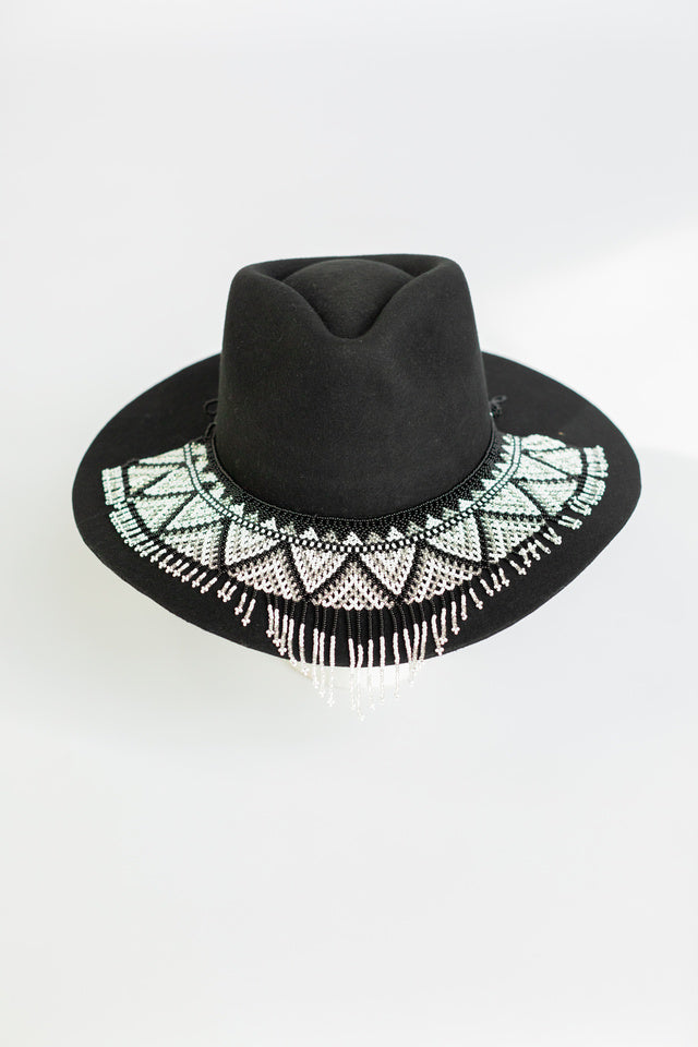 black cascading beaded hat necklace