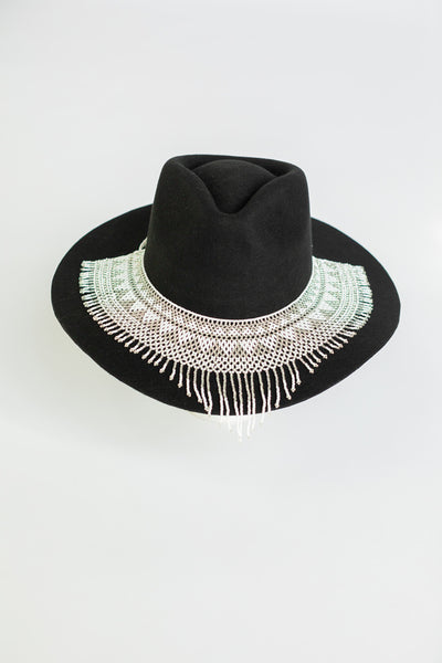 Cascading white beaded hat necklace